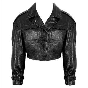 Black python balloon sleeve leather jacket